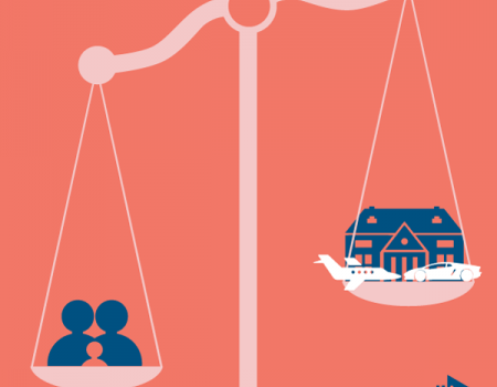 Scales with people on one side and symbols of luxury on the other